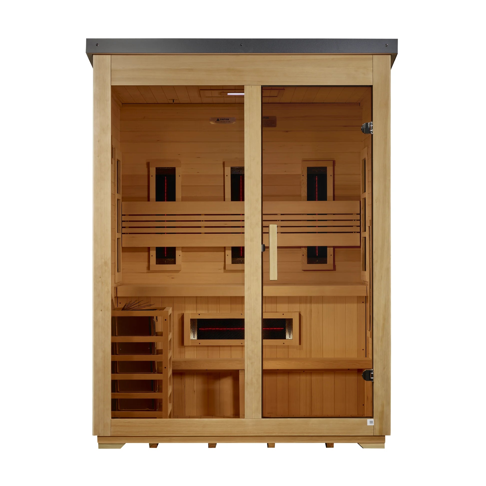 Front center view of the Golden Designs Carinthia Flat Roof 3-Person Hybrid Outdoor Sauna (GDI-8023-01) — infrared sauna