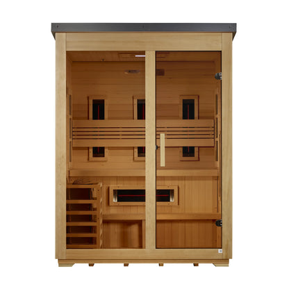 Front center view of the Golden Designs Carinthia Flat Roof 3-Person Hybrid Outdoor Sauna (GDI-8023-01) — infrared sauna