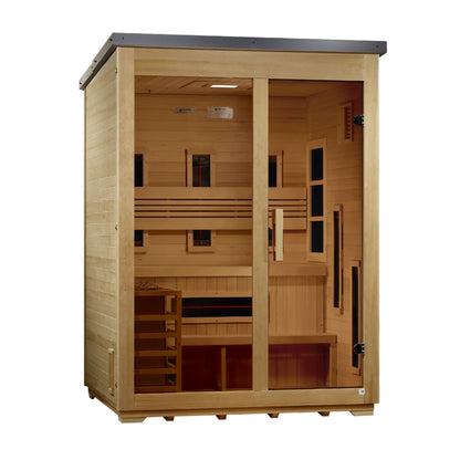 Left angle view of the Golden Designs Carinthia Flat Roof 3-Person Hybrid Outdoor Sauna (GDI-8023-01) — infrared sauna