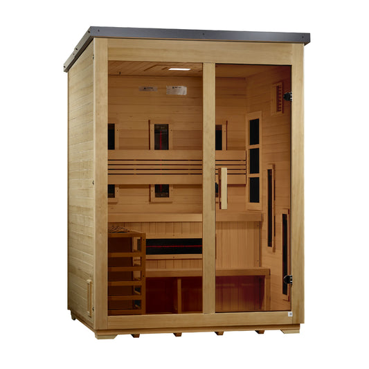 Left angle view of the Golden Designs Carinthia Flat Roof 3-Person Hybrid Outdoor Sauna (GDI-8023-01) — infrared sauna
