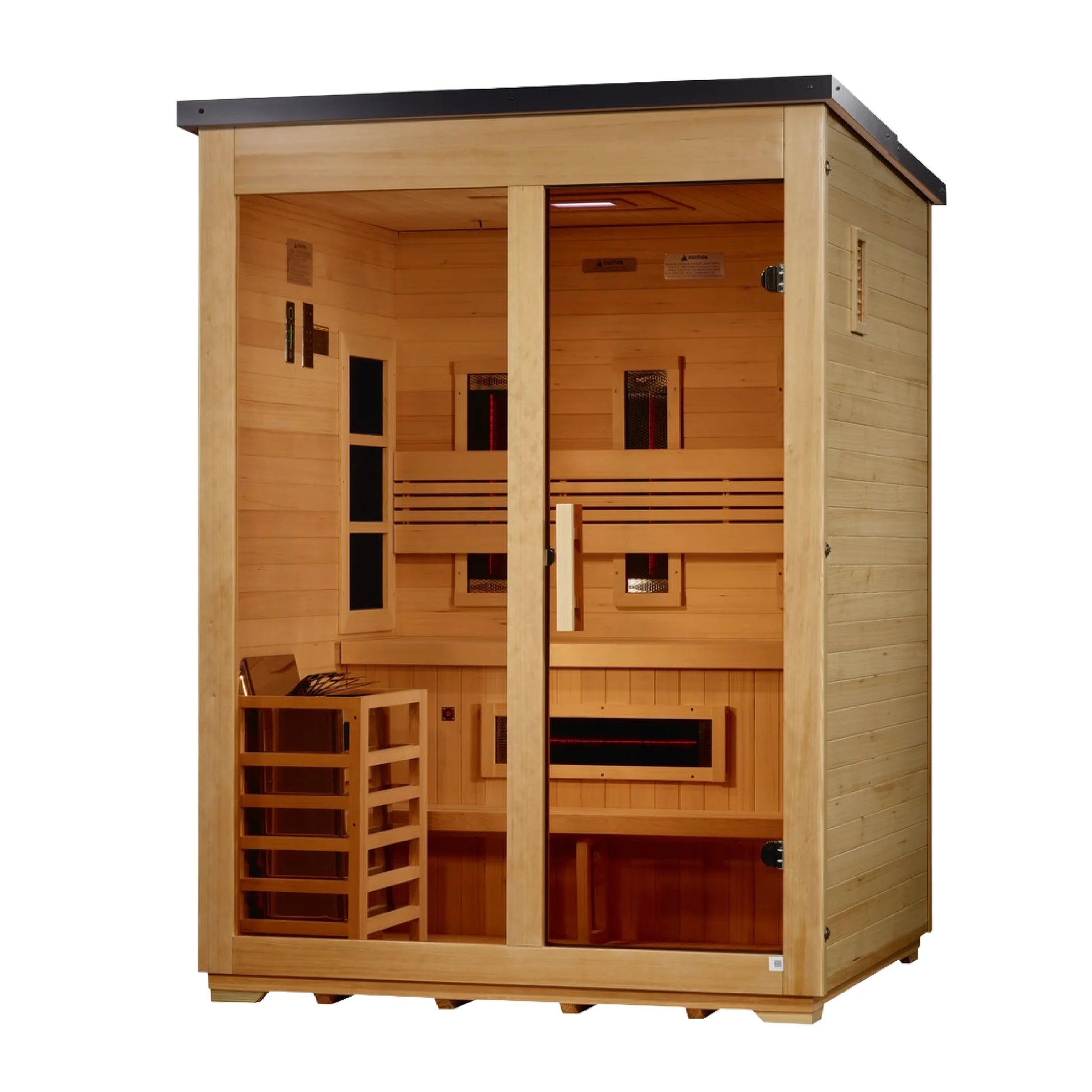 Right angle view of the Golden Designs Carinthia Flat Roof 3-Person Hybrid Outdoor Sauna (GDI-8023-01) — infrared sauna