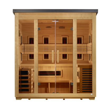 Front center view of the Golden Designs Gargellen Flat Roof 5-Person Hybrid Outdoor Sauna (GDI-8025-01) — infrared sauna