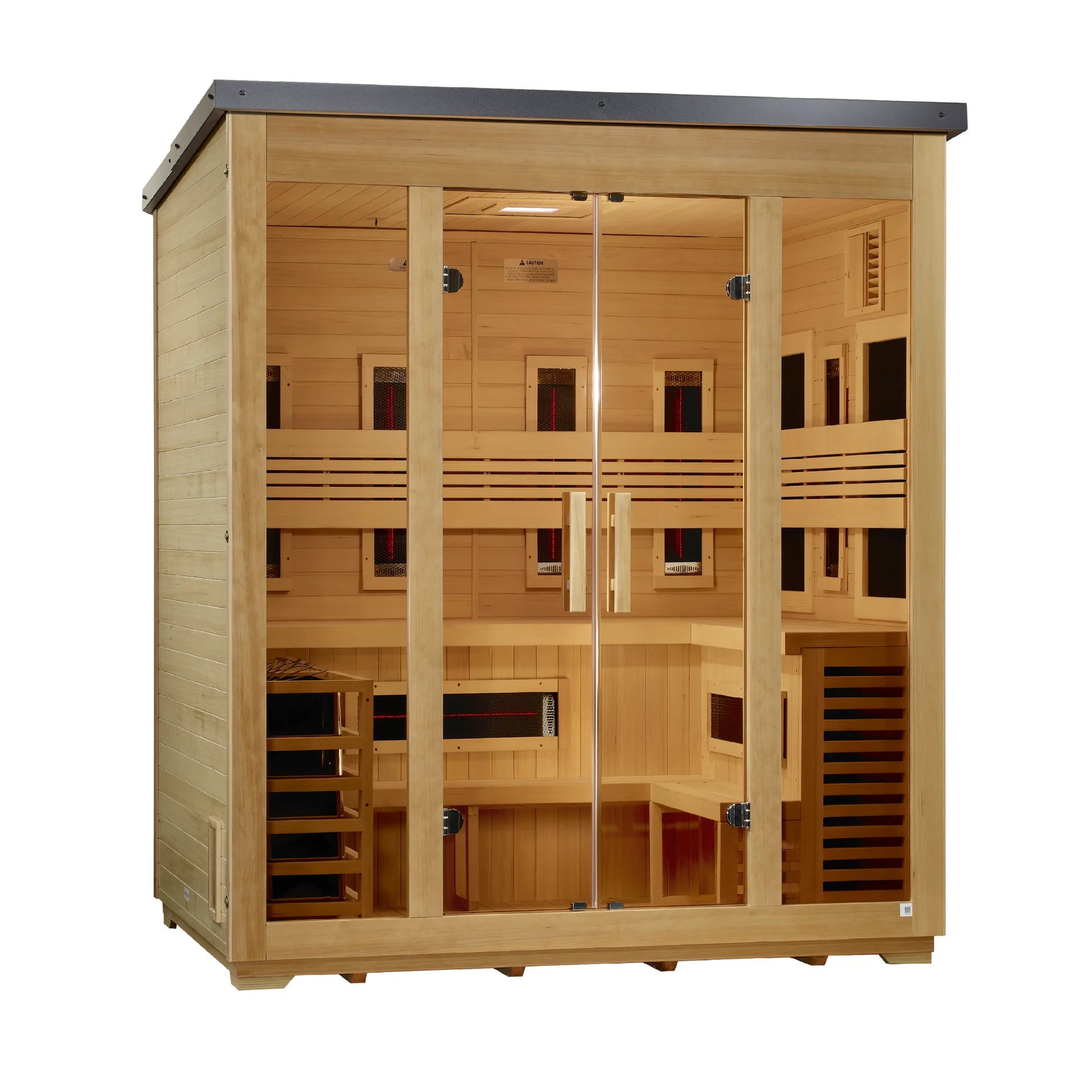 Left angle view of the Golden Designs Gargellen Flat Roof 5-Person Hybrid Outdoor Sauna (GDI-8025-01) — infrared sauna