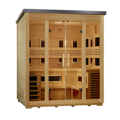 Left angle view of the Golden Designs Gargellen Flat Roof 5-Person Hybrid Outdoor Sauna (GDI-8025-01) — infrared sauna