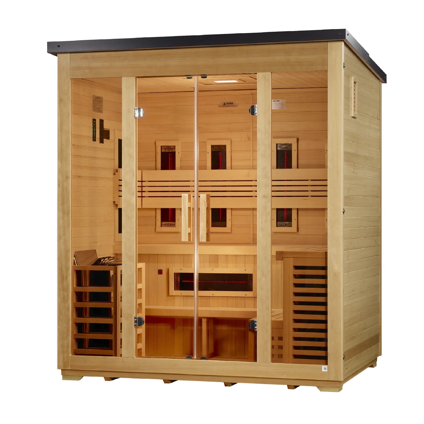 Right angle view of the Golden Designs Gargellen Flat Roof 5-Person Hybrid Outdoor Sauna (GDI-8025-01) — infrared sauna