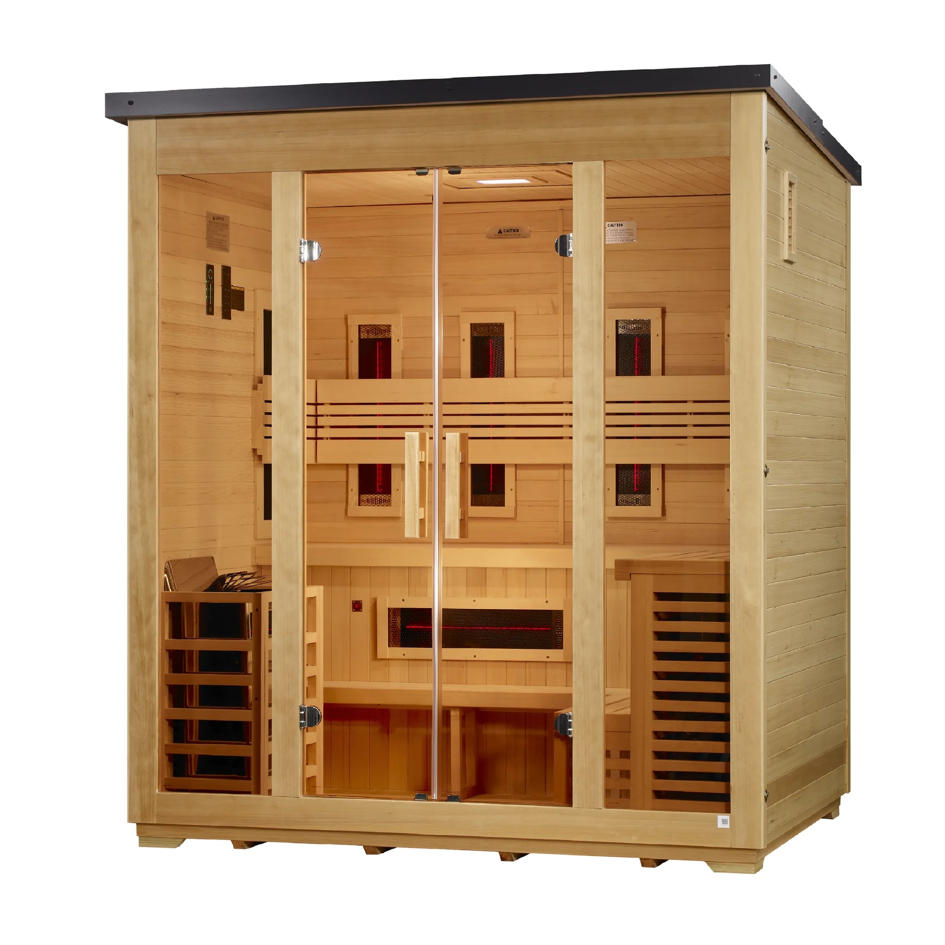 Right angle view of the Golden Designs Gargellen Flat Roof 5-Person Hybrid Outdoor Sauna (GDI-8025-01) — infrared sauna