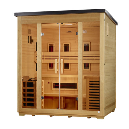 Right angle view of the Golden Designs Gargellen Flat Roof 5-Person Hybrid Outdoor Sauna (GDI-8025-01) — infrared sauna