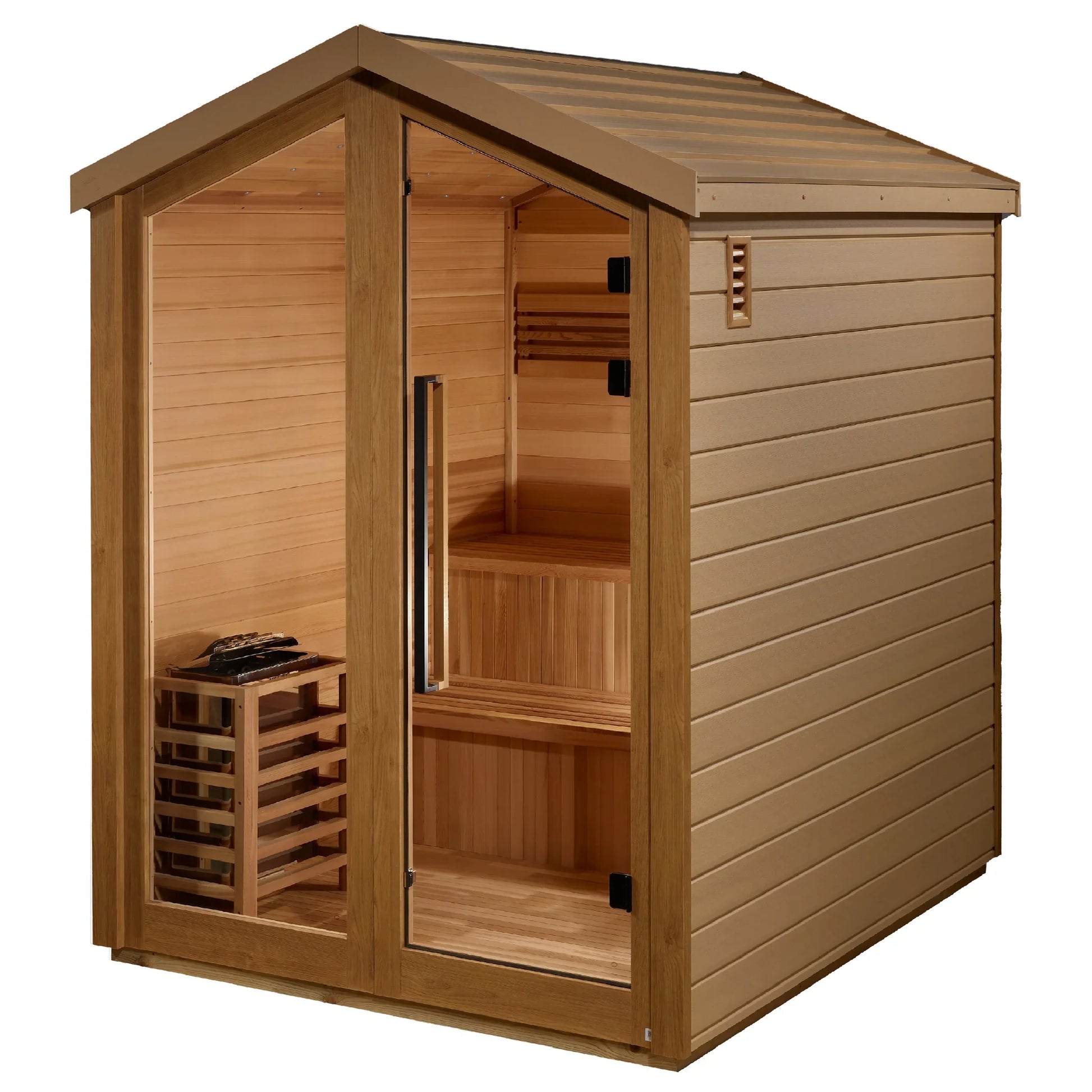 Exterior view of the Golden Designs Savonlinna 6-Person Outdoor Traditional Sauna (GDI-8503-04) – traditional steam sauna