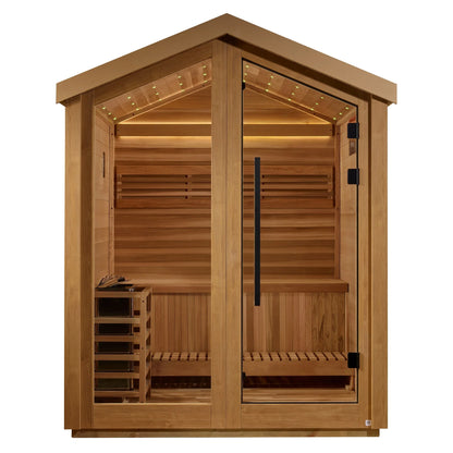 Exterior view of the Golden Designs Savonlinna 6-Person Outdoor Traditional Sauna (GDI-8503-04) – traditional steam sauna
