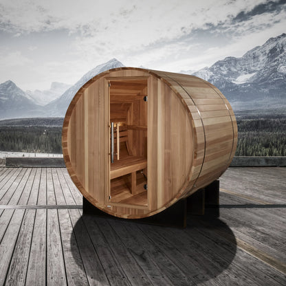Front view on white background 2 of the Golden Designs St. Moritz 2-Person Outdoor Traditional Barrel Sauna (GDI-B002-01) – traditional steam sauna