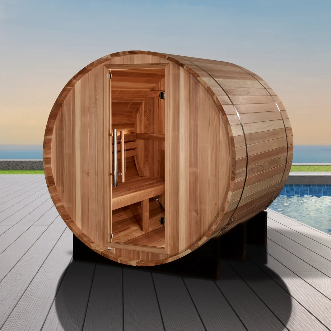 Golden Designs St. Moritz 2-Person Outdoor Traditional Barrel Sauna | Pacific Cedar