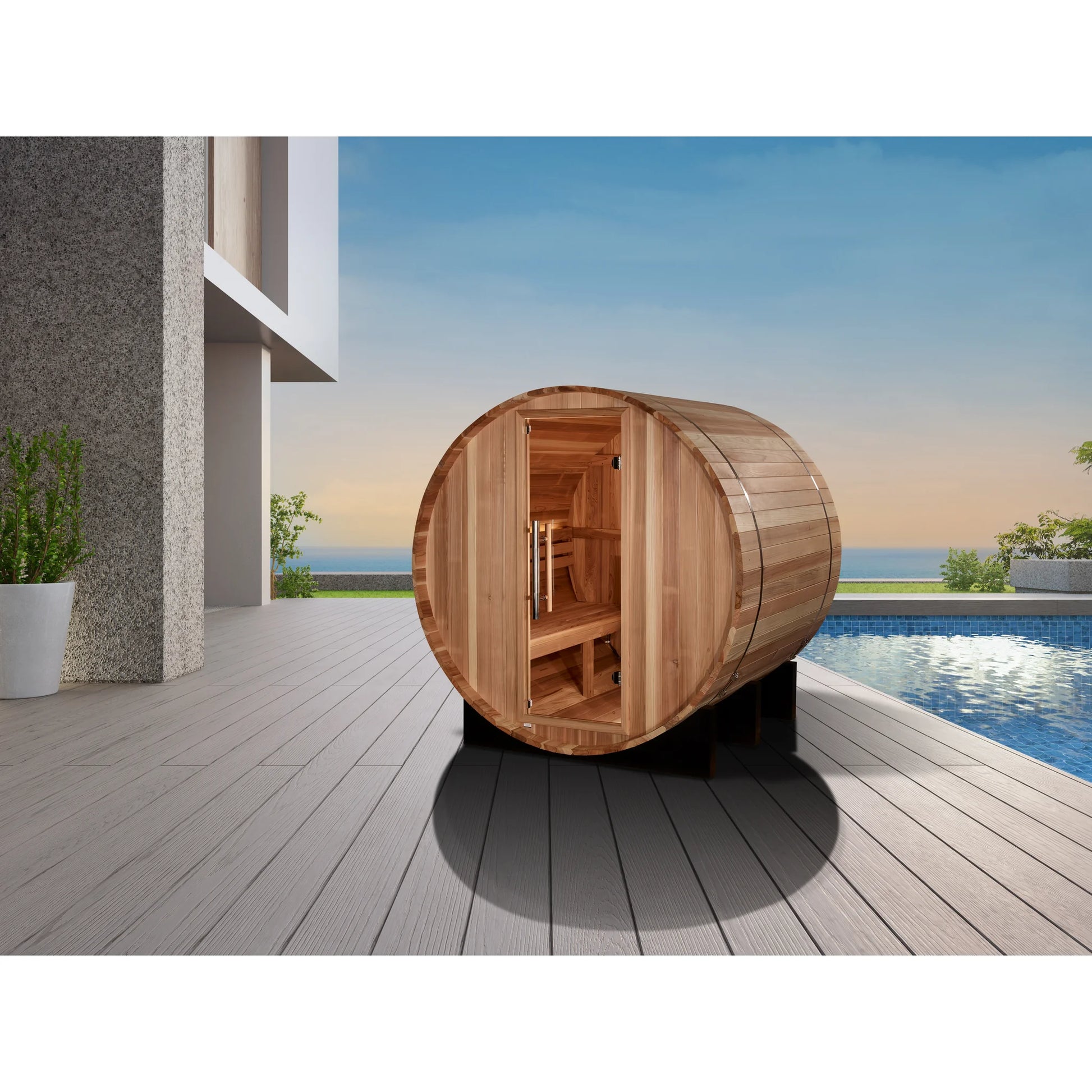 Front view on white background 3 of the Golden Designs St. Moritz 2-Person Outdoor Traditional Barrel Sauna (GDI-B002-01) – traditional steam sauna