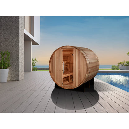 Front view on white background 3 of the Golden Designs St. Moritz 2-Person Outdoor Traditional Barrel Sauna (GDI-B002-01) – traditional steam sauna
