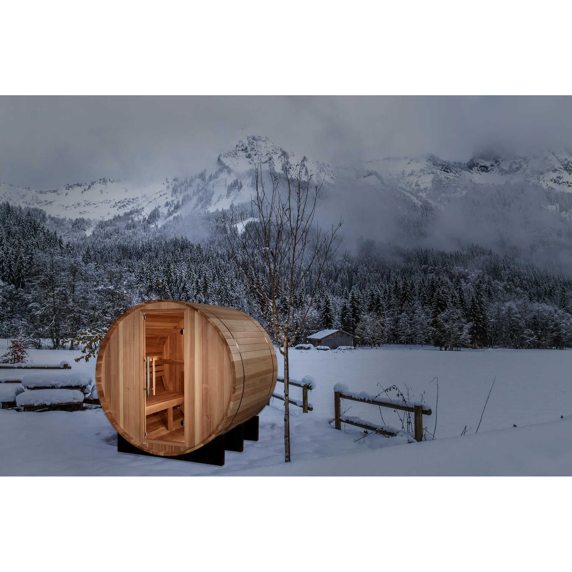 Front view on white background of the Golden Designs St. Moritz 2-Person Outdoor Traditional Barrel Sauna (GDI-B002-01) – traditional steam sauna