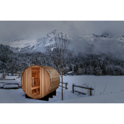 Front view on white background of the Golden Designs St. Moritz 2-Person Outdoor Traditional Barrel Sauna (GDI-B002-01) – traditional steam sauna