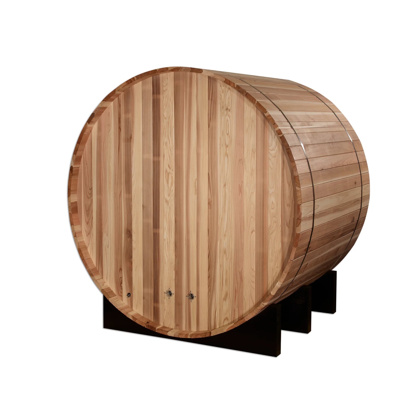 Front view 4 of the Golden Designs St. Moritz 2-Person Outdoor Traditional Barrel Sauna (GDI-B002-01) – traditional steam sauna