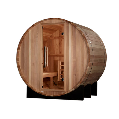 Front view 2 of the Golden Designs St. Moritz 2-Person Outdoor Traditional Barrel Sauna (GDI-B002-01) – traditional steam sauna