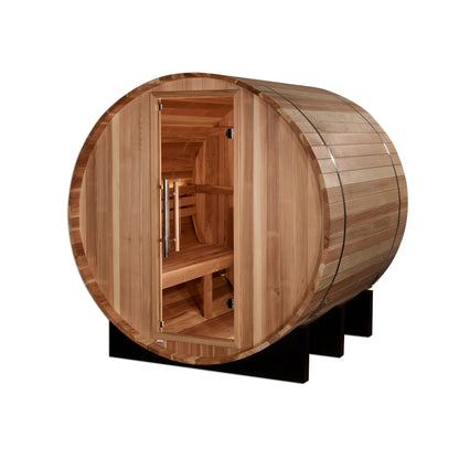 Front view 3 of the Golden Designs St. Moritz 2-Person Outdoor Traditional Barrel Sauna (GDI-B002-01) – traditional steam sauna