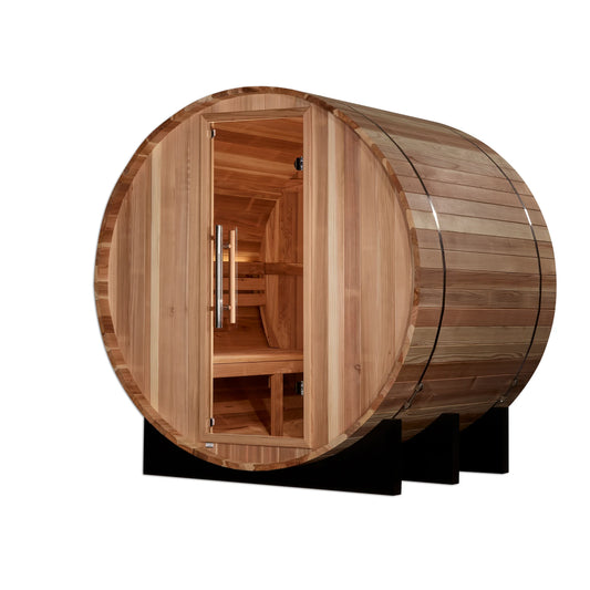 Front view of the Golden Designs St. Moritz 2-Person Outdoor Traditional Barrel Sauna (GDI-B002-01) – traditional steam sauna