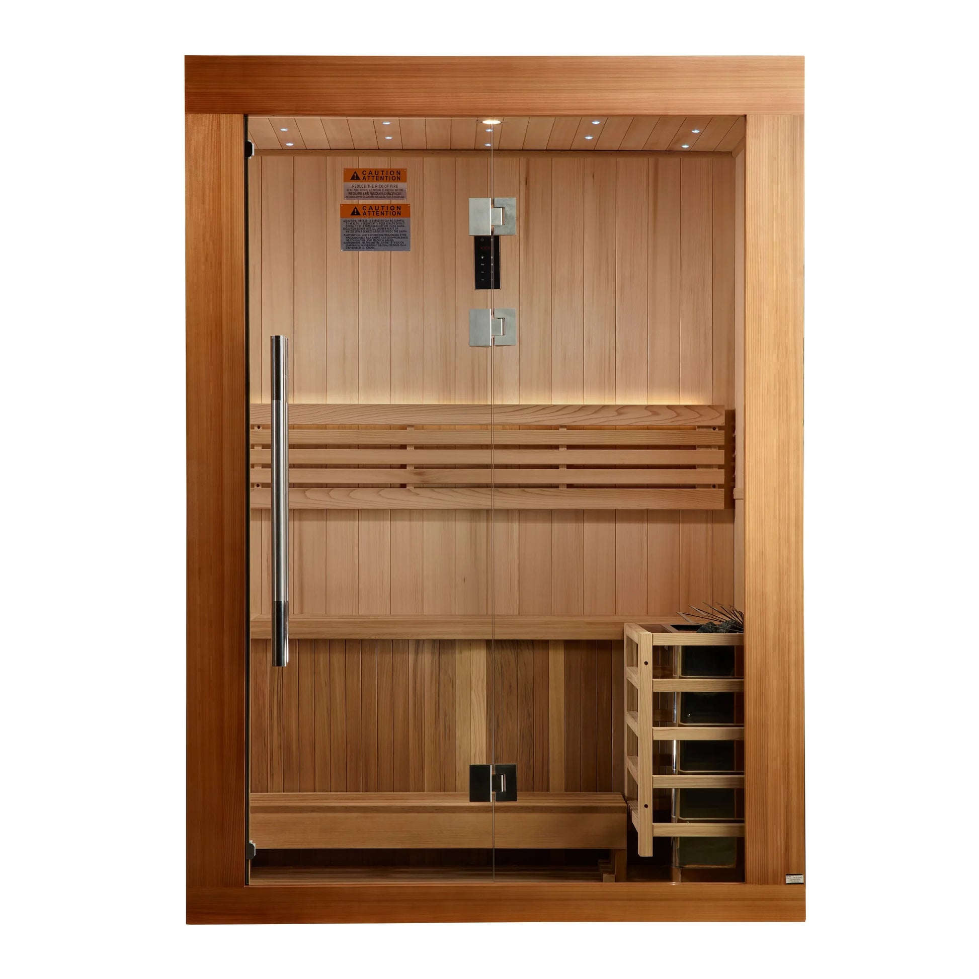 Exterior view of the Golden Designs Sundsvall 2-Person Traditional Indoor Sauna (GDI-7289-02) – traditional steam sauna