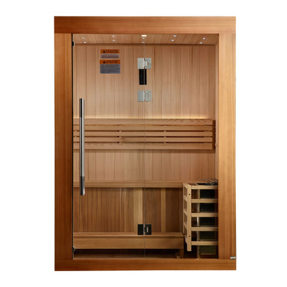 Exterior view of the Golden Designs Sundsvall 2-Person Traditional Indoor Sauna (GDI-7289-02) – traditional steam sauna