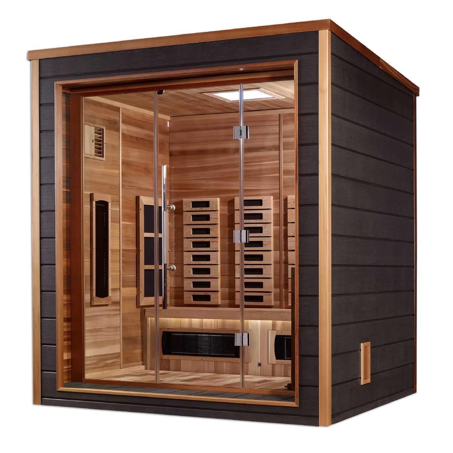 Front view 2 of the Golden Designs Visby 3-Person Hybrid Outdoor Sauna (GDI-8223-01) – full spectrum infrared sauna