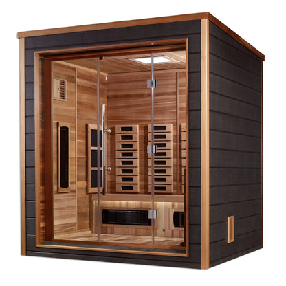 Front view 2 of the Golden Designs Visby 3-Person Hybrid Outdoor Sauna (GDI-8223-01) – full spectrum infrared sauna
