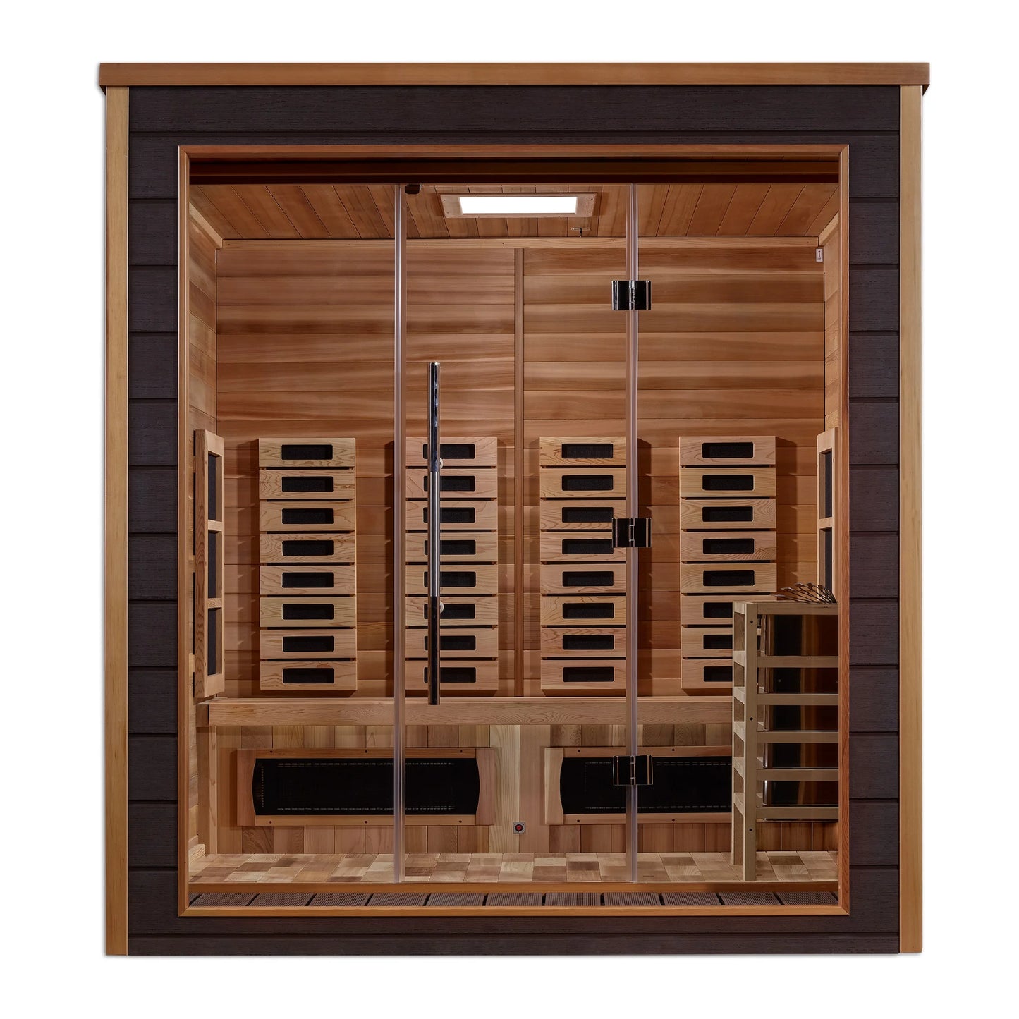 Front view 3 of the Golden Designs Visby 3-Person Hybrid Outdoor Sauna (GDI-8223-01) – full spectrum infrared sauna