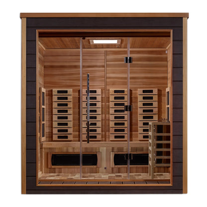 Front view 3 of the Golden Designs Visby 3-Person Hybrid Outdoor Sauna (GDI-8223-01) – full spectrum infrared sauna