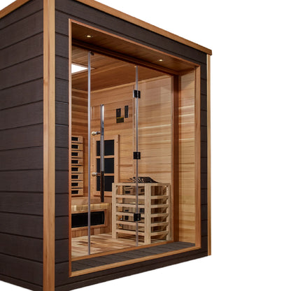 Front view 4 of the Golden Designs Visby 3-Person Hybrid Outdoor Sauna (GDI-8223-01) – full spectrum infrared sauna