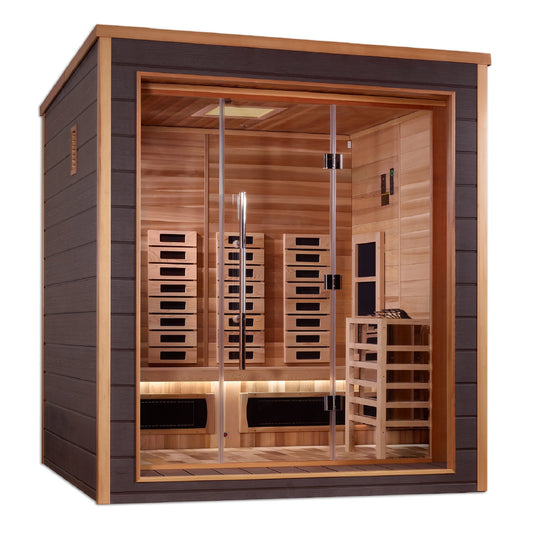Front view of the Golden Designs Visby 3-Person Hybrid Outdoor Sauna (GDI-8223-01) – full spectrum infrared sauna