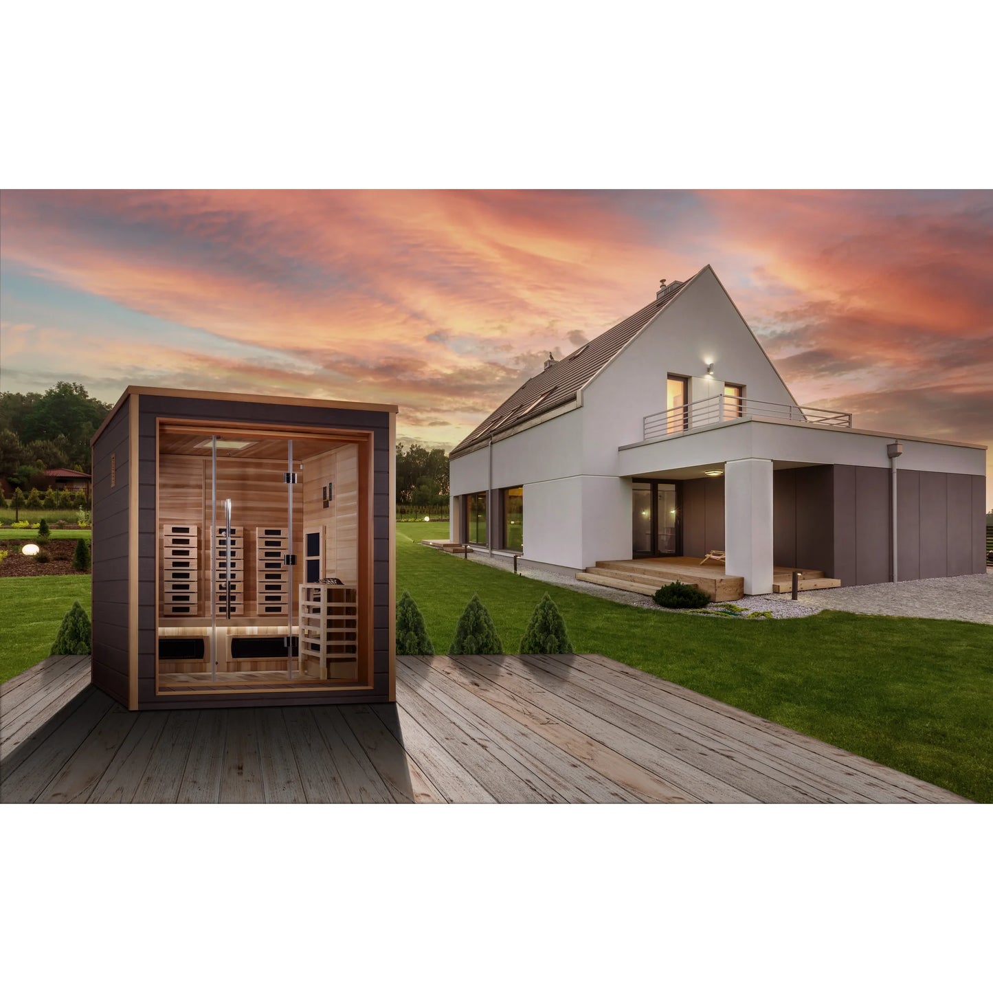 Front view 2 of the Golden Designs Visby 3-Person Hybrid Outdoor Sauna (GDI-8223-01) – full spectrum infrared sauna