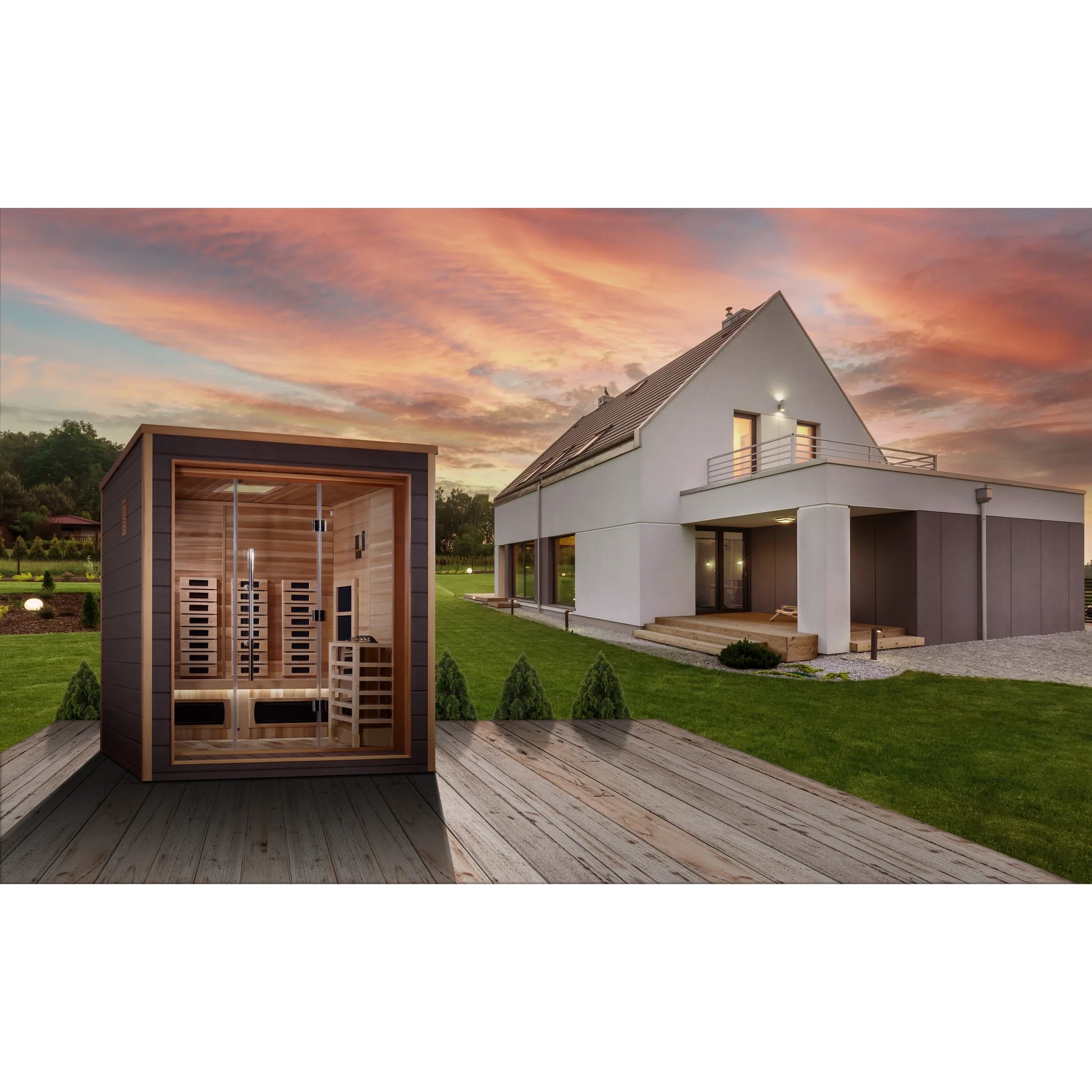 Front view 2 of the Golden Designs Visby 3-Person Hybrid Outdoor Sauna (GDI-8223-01) – full spectrum infrared sauna