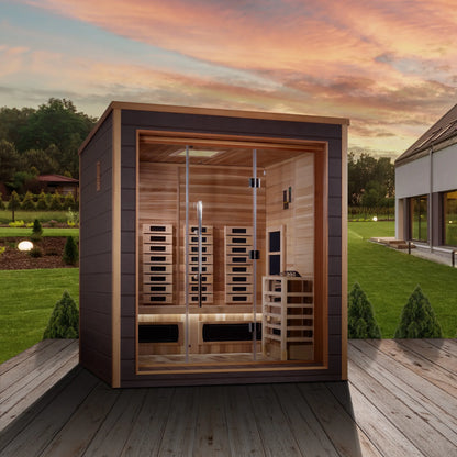 Front view of the Golden Designs Visby 3-Person Hybrid Outdoor Sauna (GDI-8223-01) – full spectrum infrared sauna