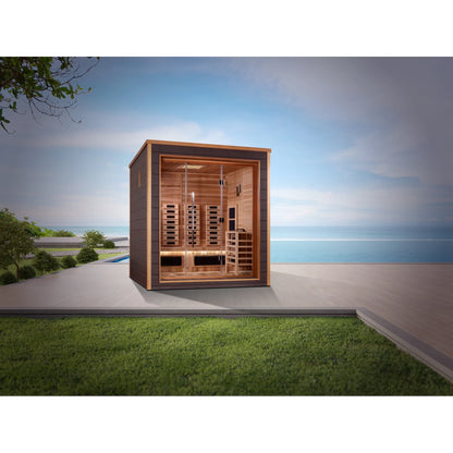 Front view of the Golden Designs Visby 3-Person Hybrid Outdoor Sauna (GDI-8223-01) – full spectrum infrared sauna
