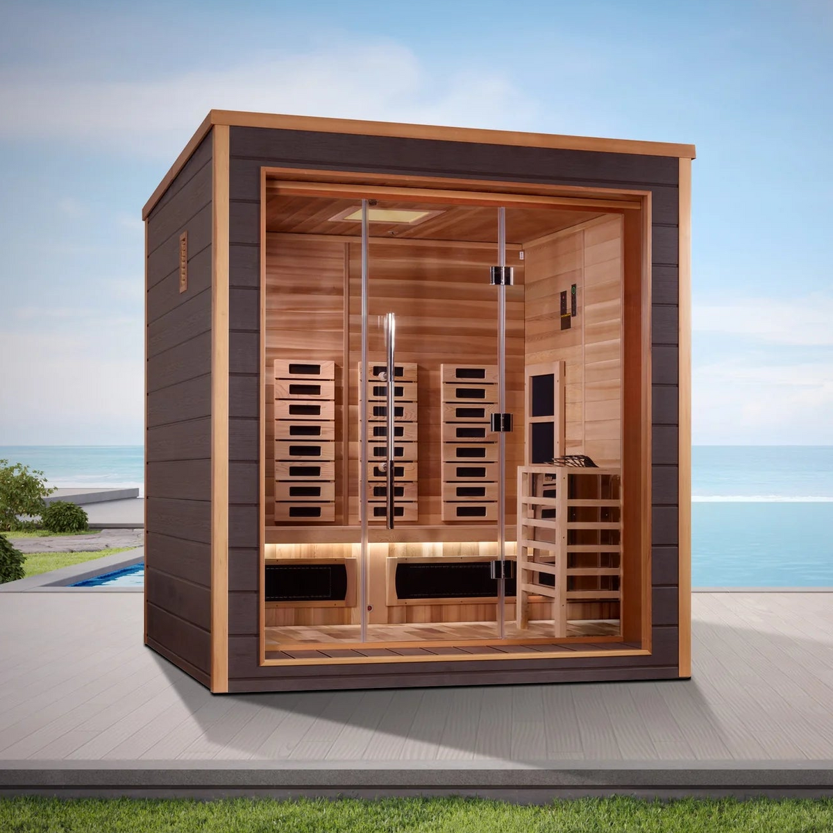 Golden Designs Visby 3-Person Hybrid Outdoor Sauna | Full Spectrum & Traditional | Canadian Red Cedar