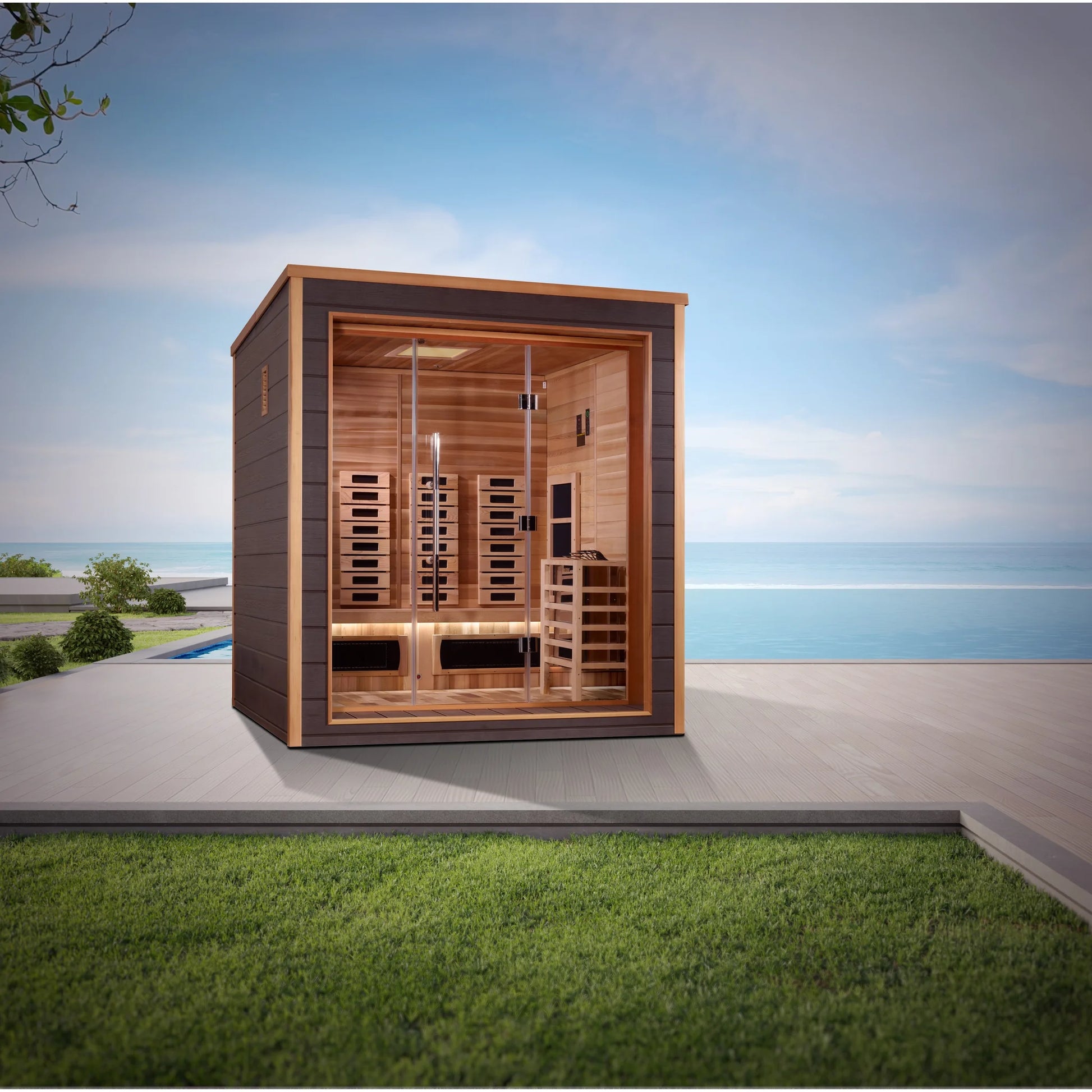 Front view of the Golden Designs Visby 3-Person Hybrid Outdoor Sauna (GDI-8223-01) – full spectrum infrared sauna