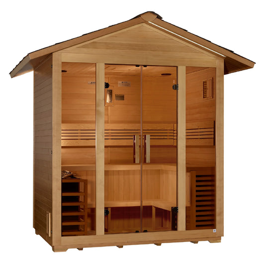 Front view 2 of the Golden Designs Vorarlberg 5-Person Traditional Outdoor Sauna (GDI-8105-01) – traditional steam sauna