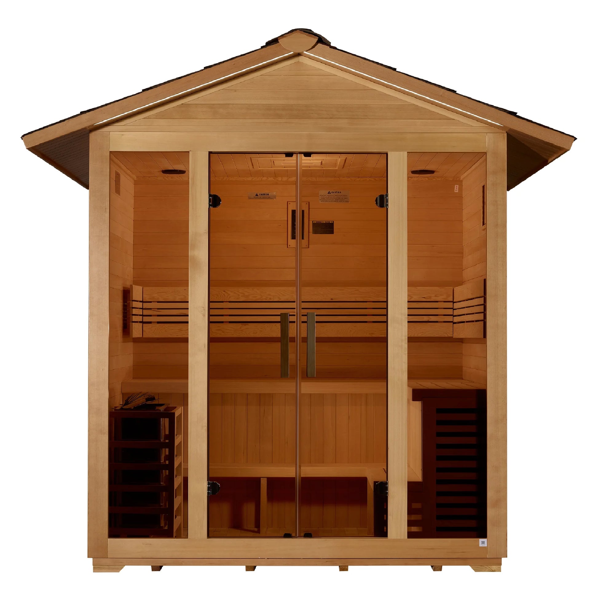 Front view of the Golden Designs Vorarlberg 5-Person Traditional Outdoor Sauna (GDI-8105-01) – traditional steam sauna