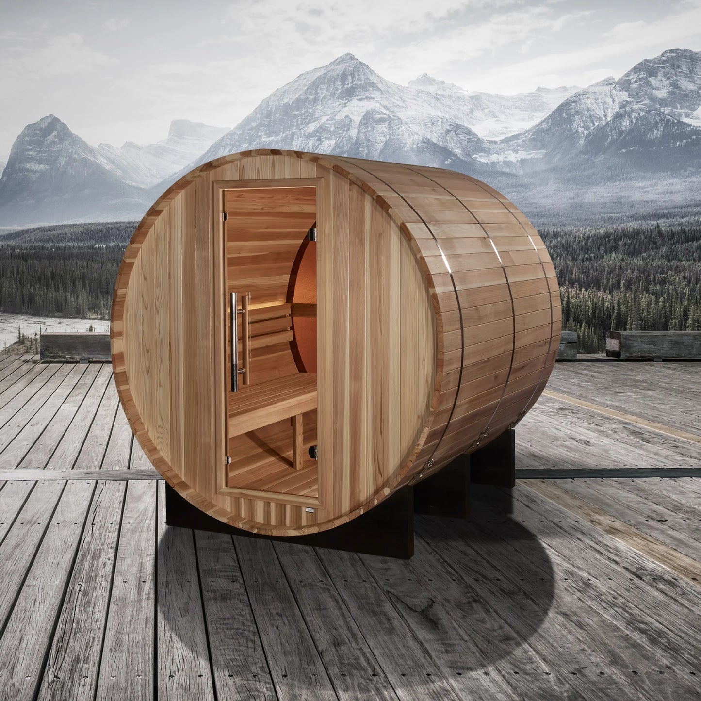 Front view on white background 2 of the Golden Designs Zurich 4-Person Outdoor Traditional Barrel Sauna (GDI-B024-01) – traditional steam sauna