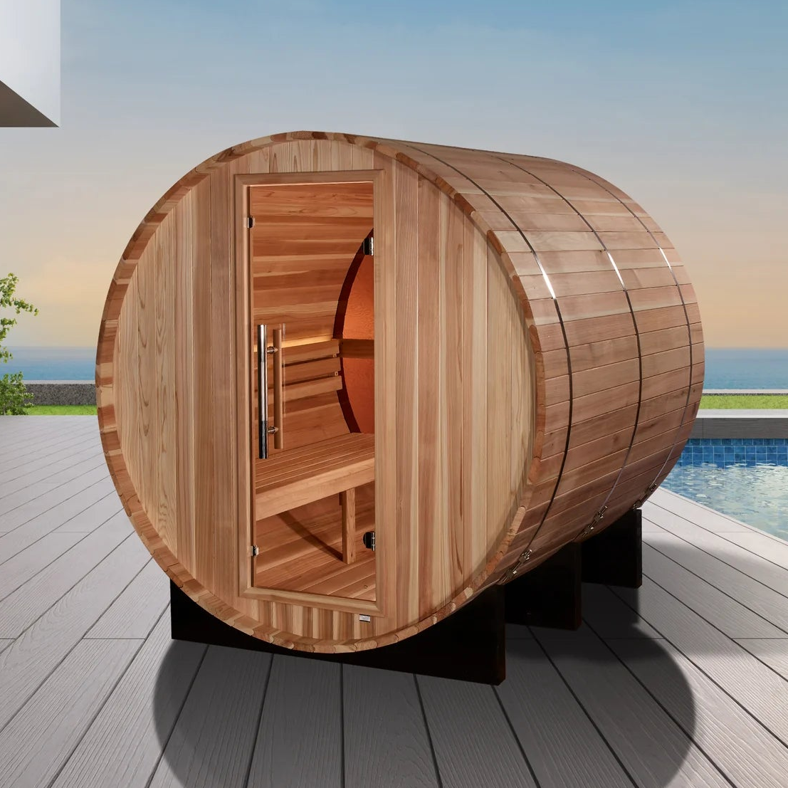 Golden Designs Zurich 4-Person Outdoor Traditional Barrel Sauna | Bronze Privacy View | Pacific Cedar