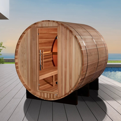 Golden Designs Zurich 4-Person Outdoor Traditional Barrel Sauna | Bronze Privacy View | Pacific Cedar