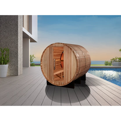 Front view on white background 3 of the Golden Designs Zurich 4-Person Outdoor Traditional Barrel Sauna (GDI-B024-01) – traditional steam sauna