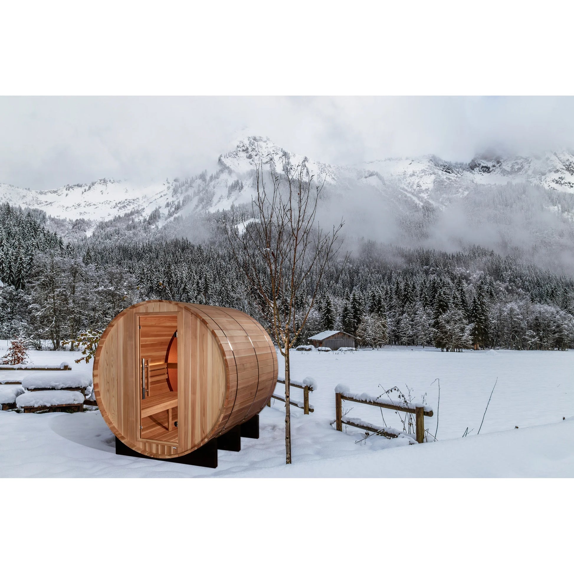 Front view on white background of the Golden Designs Zurich 4-Person Outdoor Traditional Barrel Sauna (GDI-B024-01) – traditional steam sauna