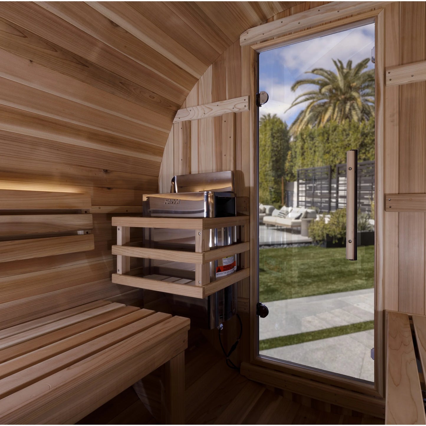 Front view 5 of the Golden Designs Zurich 4-Person Outdoor Traditional Barrel Sauna (GDI-B024-01) – traditional steam sauna