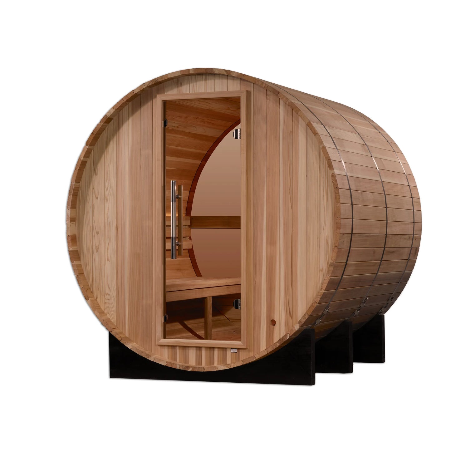Front view 2 of the Golden Designs Zurich 4-Person Outdoor Traditional Barrel Sauna (GDI-B024-01) – traditional steam sauna