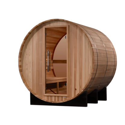 Front view 2 of the Golden Designs Zurich 4-Person Outdoor Traditional Barrel Sauna (GDI-B024-01) – traditional steam sauna