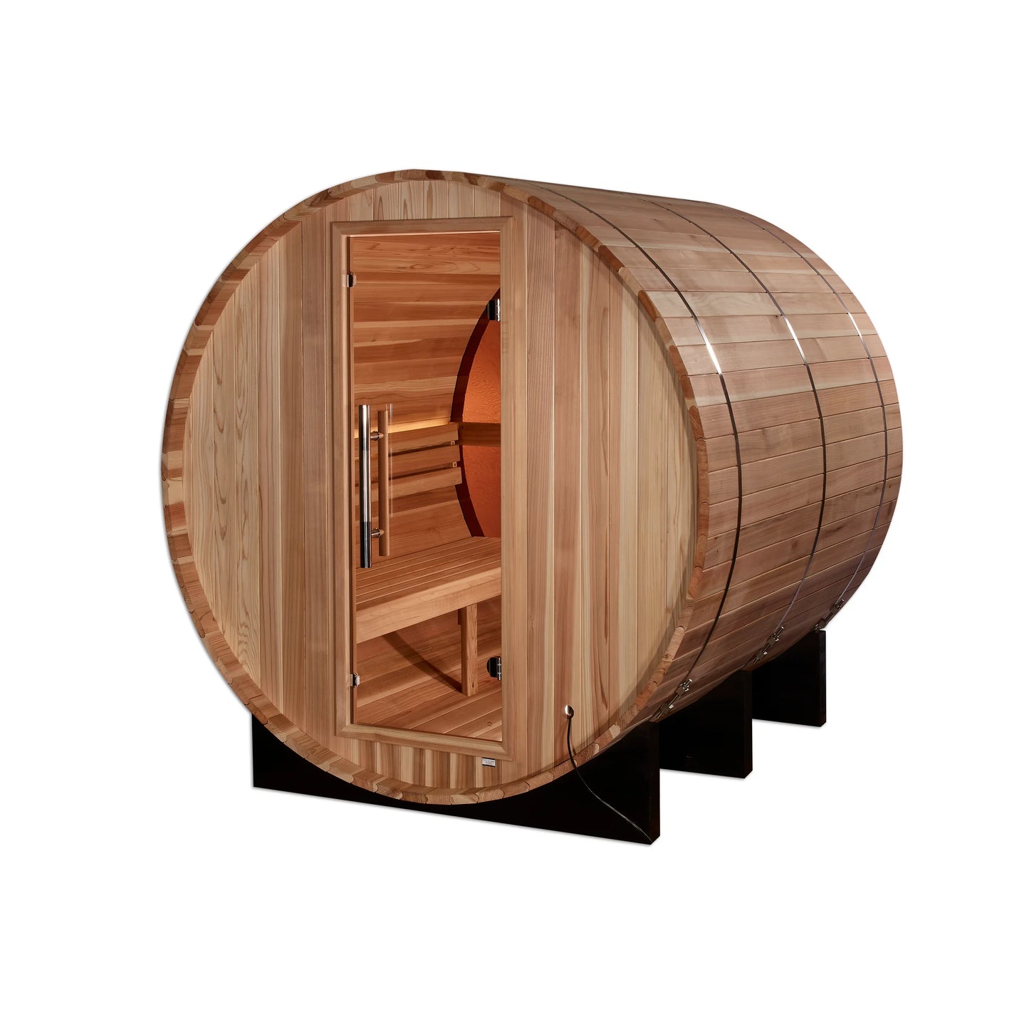Front view of the Golden Designs Zurich 4-Person Outdoor Traditional Barrel Sauna (GDI-B024-01) – traditional steam sauna