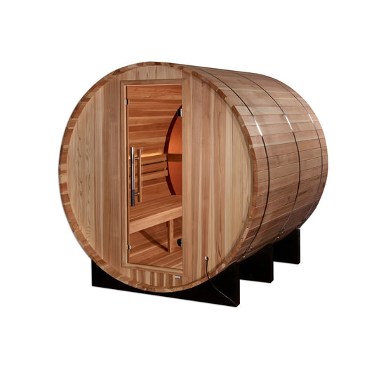 Front view of the Golden Designs Zurich 4-Person Outdoor Traditional Barrel Sauna (GDI-B024-01) – traditional steam sauna