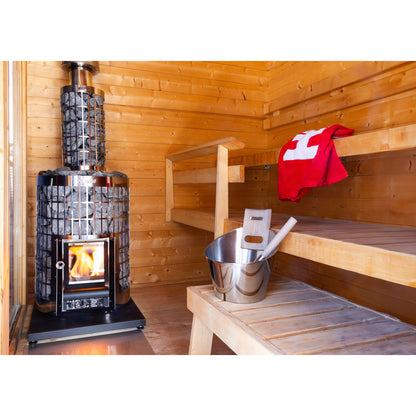 Harvia Cilindro 16 16kW in a timber sauna with a bucket and red towel on the bench